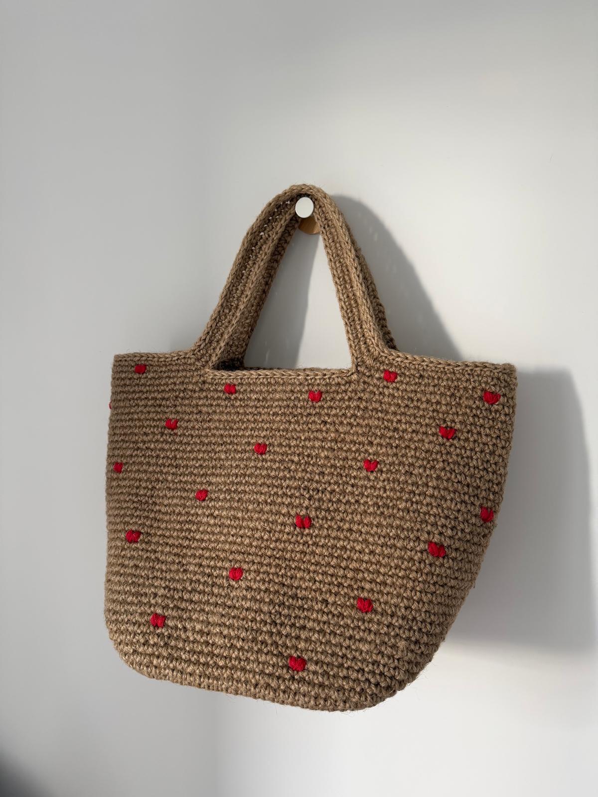 Sac Cabas Jute Cœurs rouge