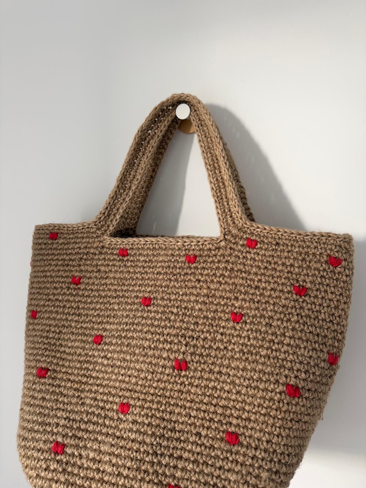 Sac Cabas Jute Cœurs rouge