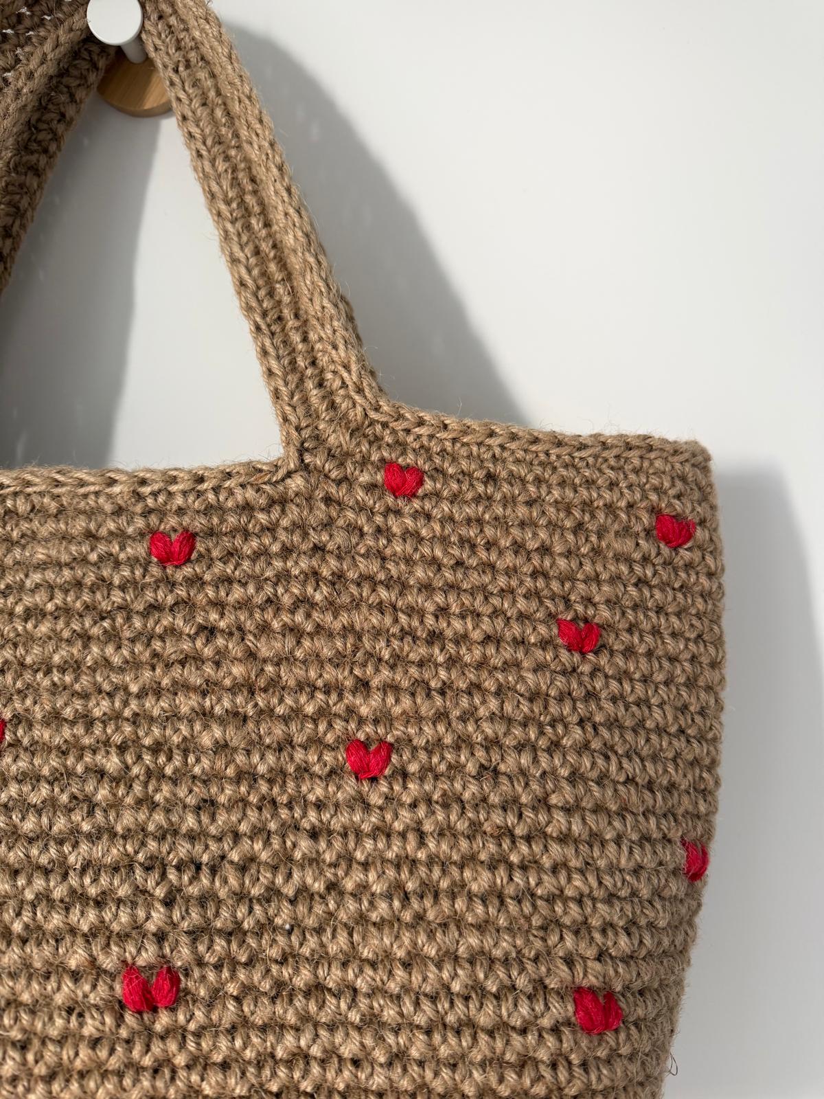 Sac Cabas Jute Cœurs rouge