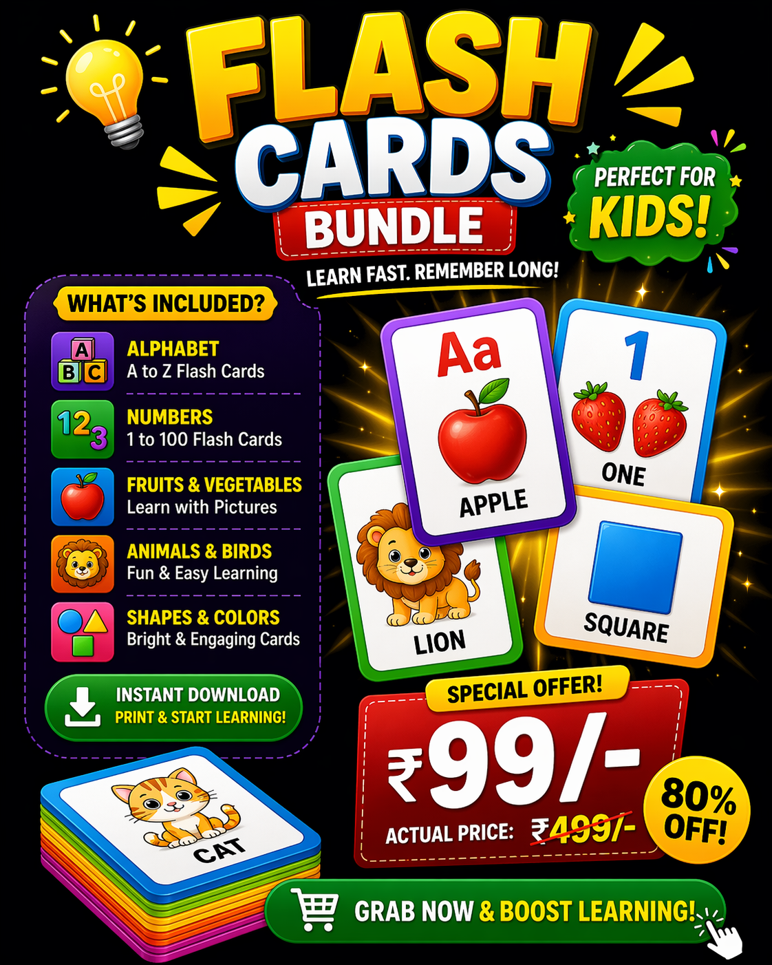 Kids Flash Cards Bundle (A-Z, Numbers, Shapes & More)