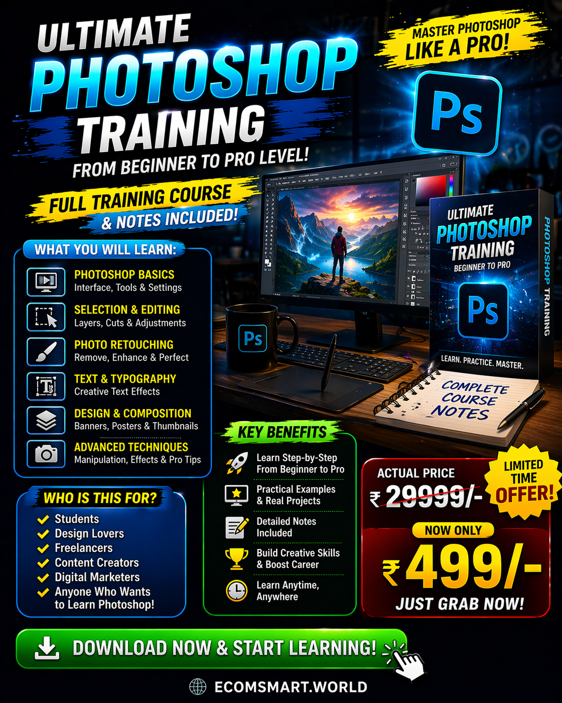 Ultimate Photoshop Training (Beginner to Pro Full Course + Notes)