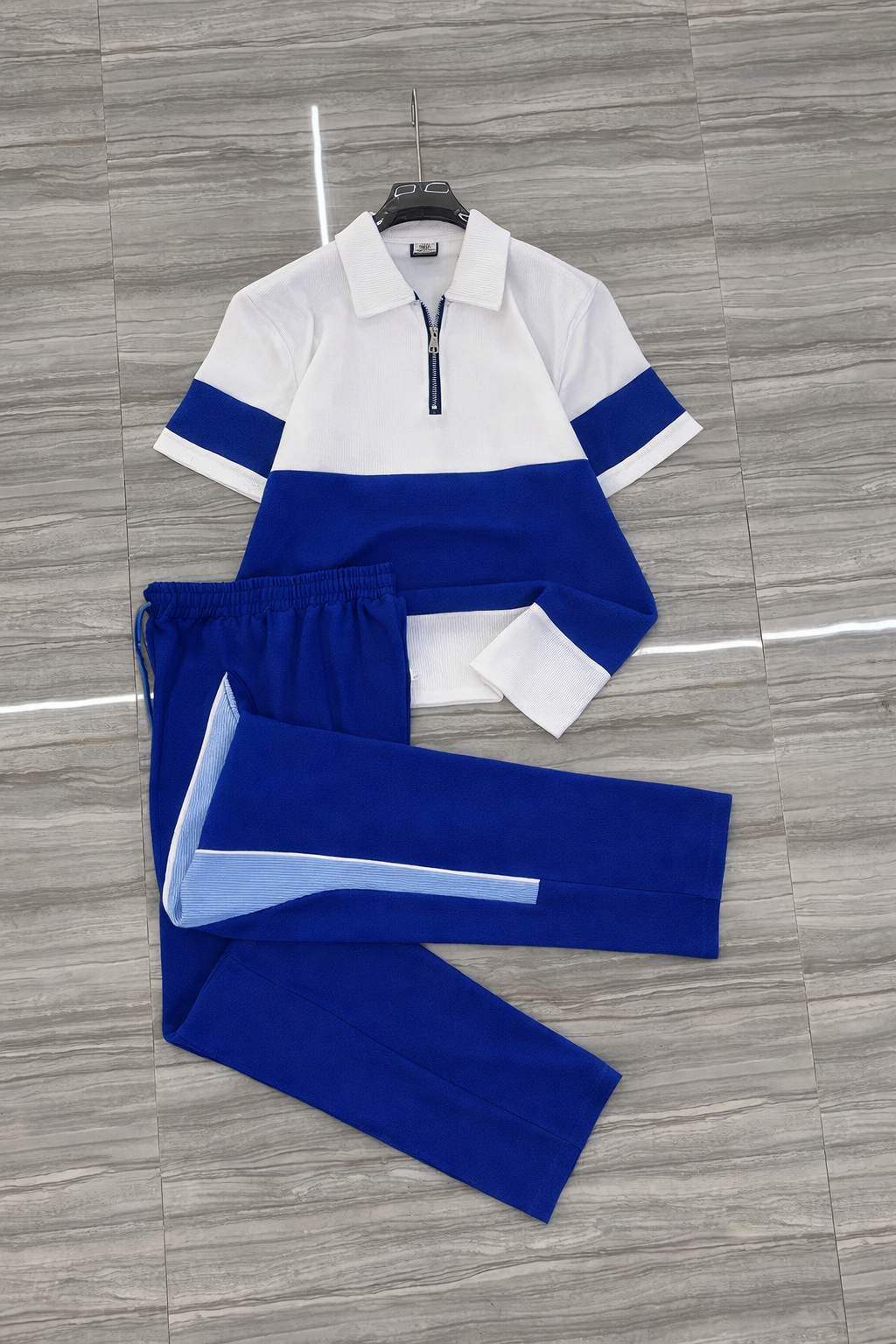 Blue & White Zip Polo Set