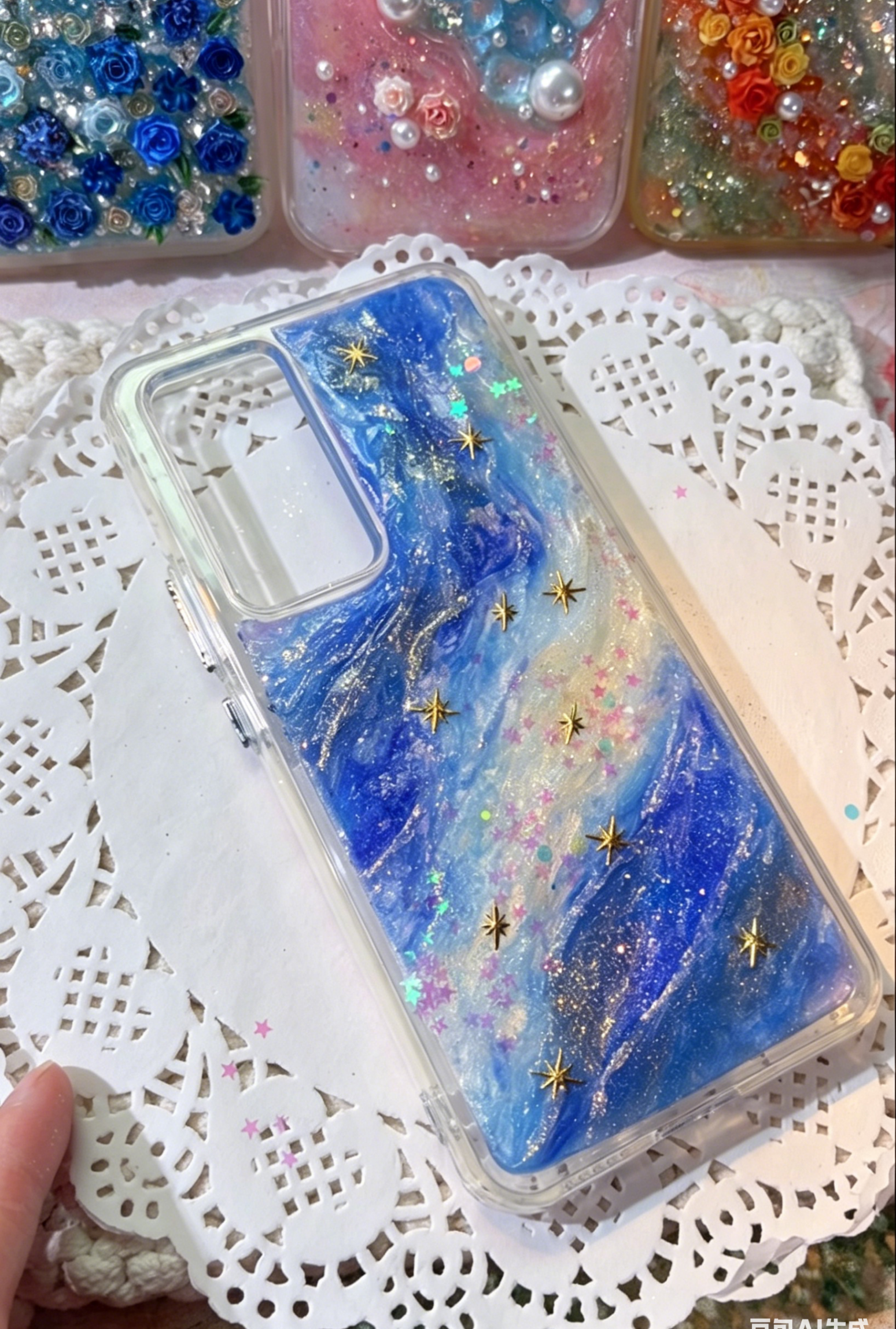 Handmade Galaxy Resin Phone Case with Blue Swirl & Gold Star Accents, Shockproof Clear TPU Cover Compatible with Samsung / Huawei Series