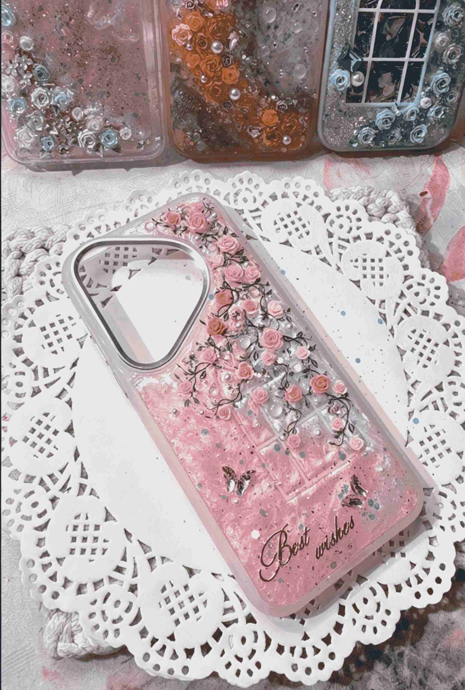 Handmade Pink Floral Resin Phone Case - 3D Rose Vine with Butterfly & Glitter, Shockproof TPU Cover Compatible with Huawei / iPhone Series