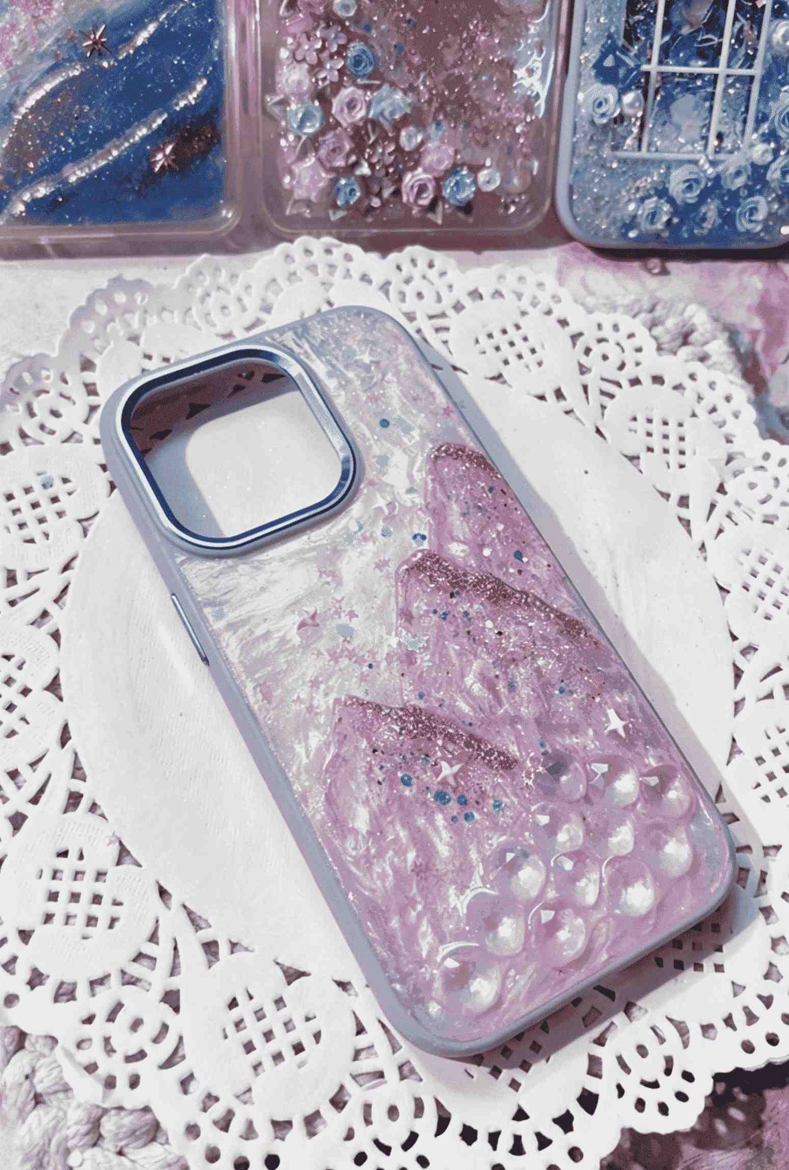Product Description: Handmade Epoxy Resin Shockproof Phone Case for iPhone - Pink Purple Gradient Fantasy Mountain with 3D Pearls & Glitter