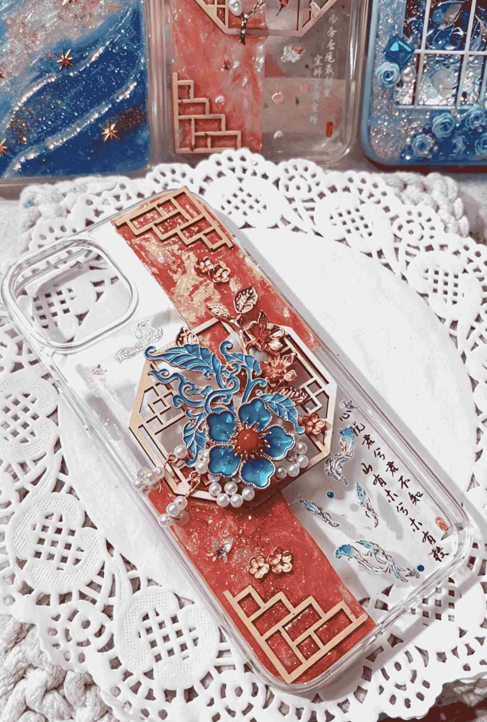 Handmade Chinese Style Resin Phone Case - Ancient Window & Enamel Flower Design, Shockproof TPU Cover Compatible with iPhone Series