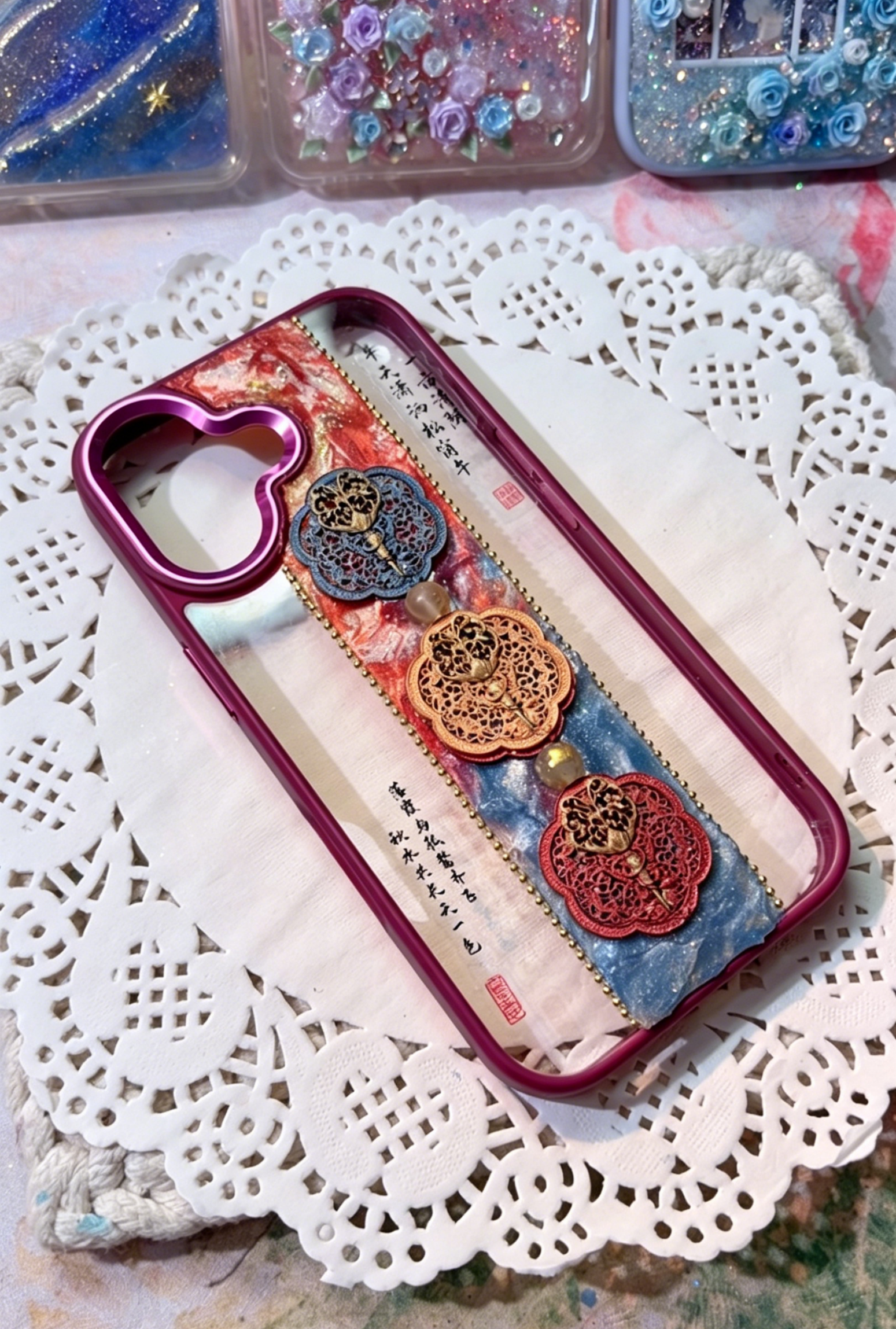 Handmade Style Resin Phone Case - Vintage Fan & Calligraphy Design with Red-Blue Marble, Shockproof TPU Cover Compatible with iPhone Series
