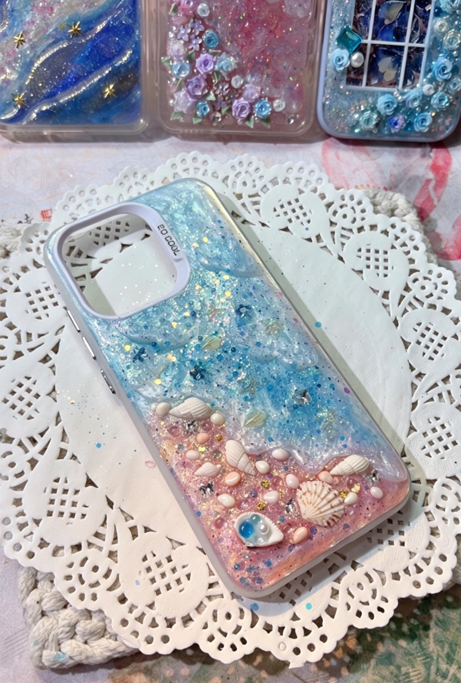 Handmade Ocean Beach Resin Phone Case - Blue-Pink Gradient with 3D Seashells & Glitter, Shockproof TPU Cover Compatible with iPhone Series
