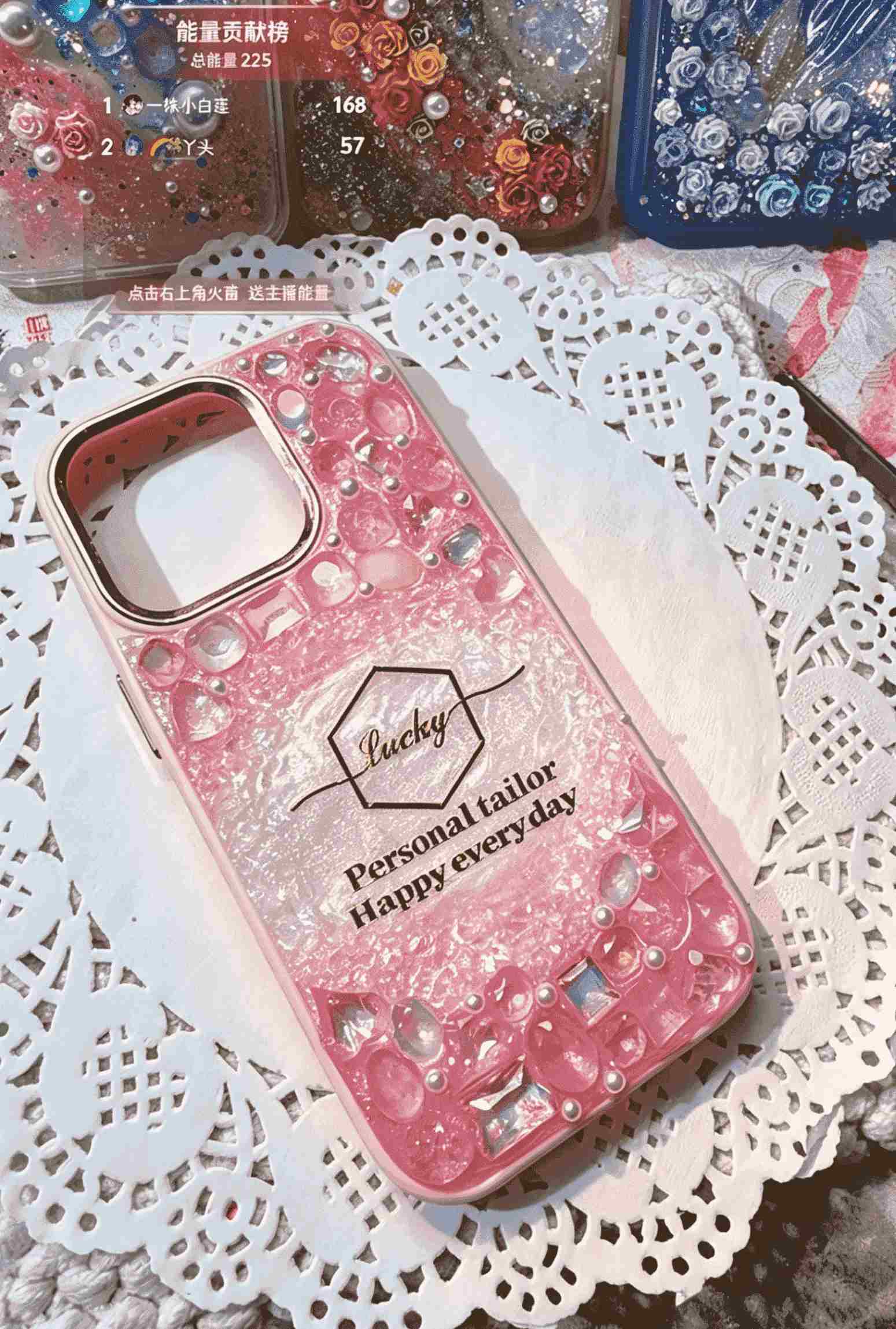 Handmade Pink Gradient Resin Phone Case with 3D Rhinestones & "Lucky" Lettering, Shockproof TPU Cover Compatible with iPhone Series