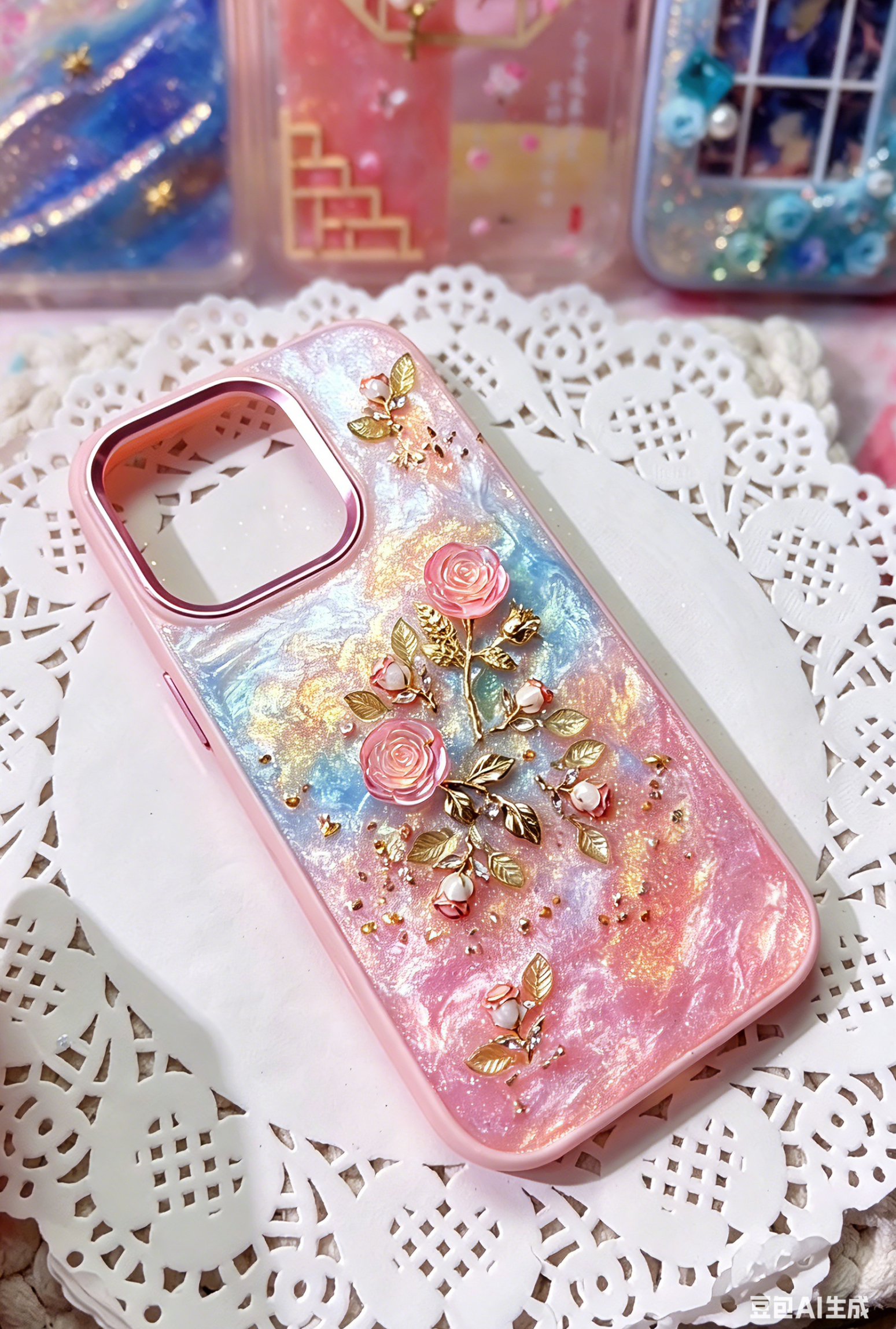 Handmade Pink-Blue Gradient Resin Phone Case with 3D Rose & Gold Leaves, Shockproof TPU Cover Compatible with iPhone Series