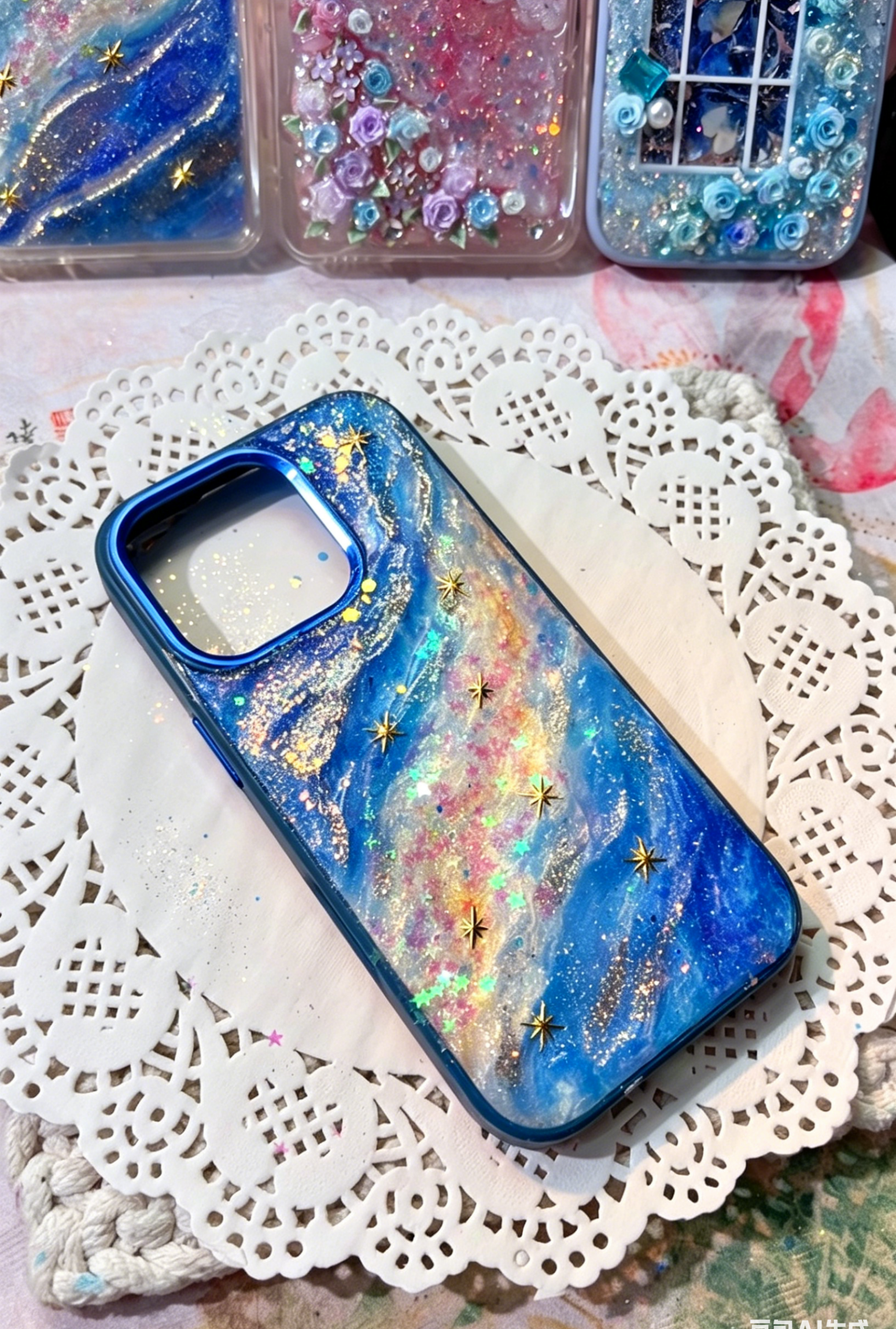 Handmade Galaxy Resin Phone Case with Blue Nebula Swirl & Gold Star Accents, Shockproof TPU Cover Compatible with iPhone Series