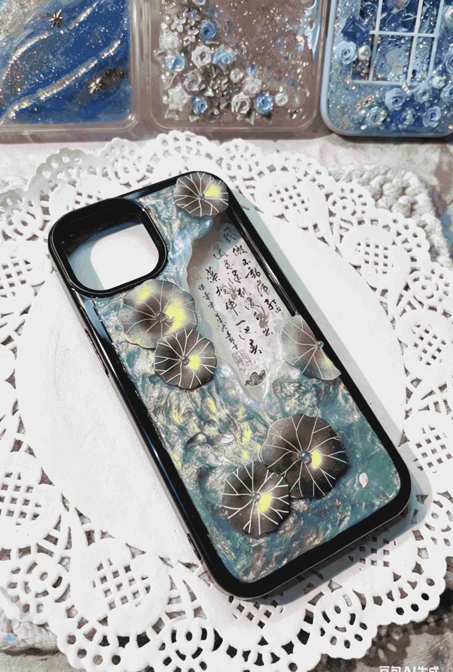 Handmade Lotus & Calligraphy Resin Phone Case - Shockproof TPU Cover with 3D Lotus Leaf Design for iPhone Series
