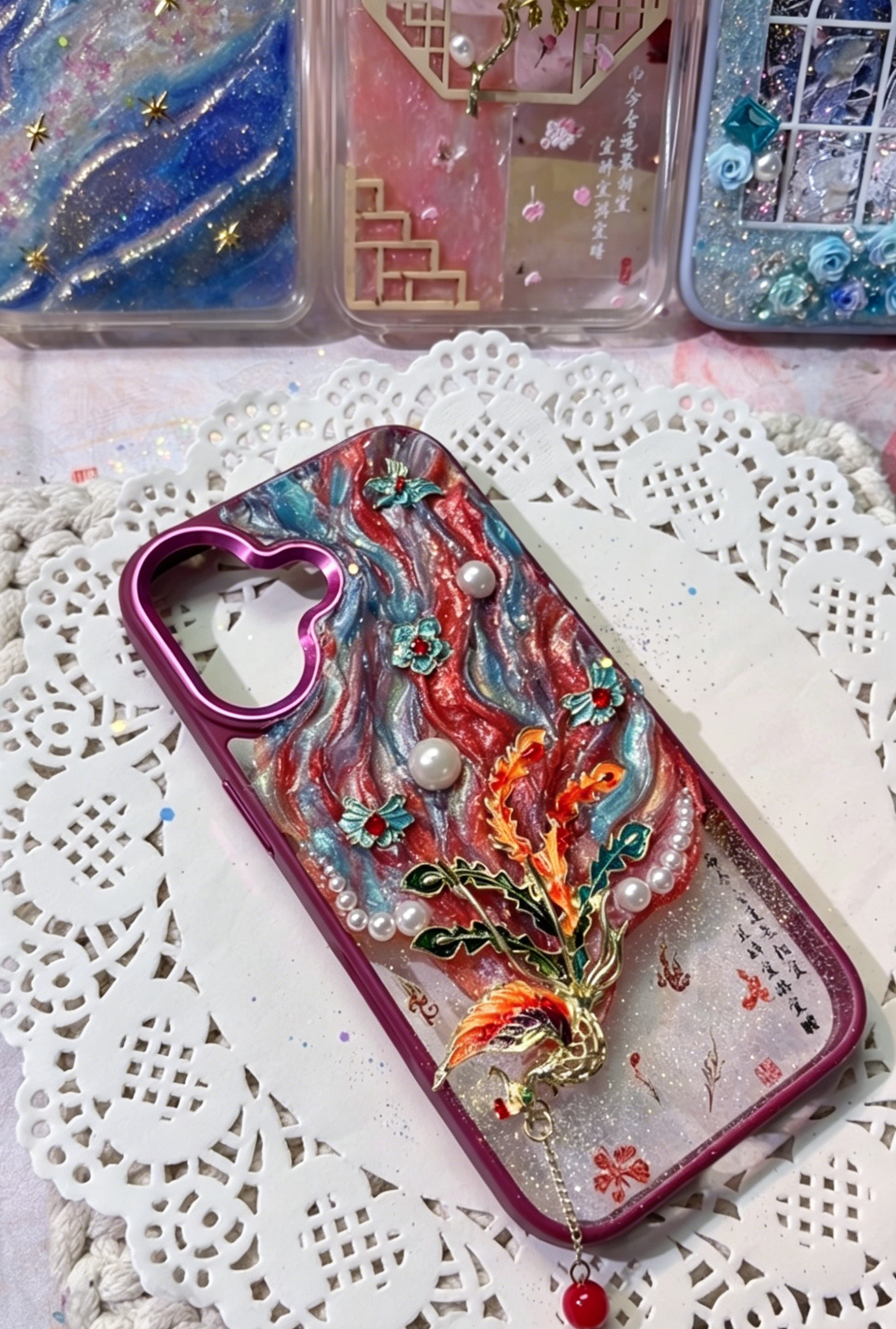 Aesthetic Oriental Epoxy Resin Case - Handcrafted Traditional Phoenix & Chinese Calligraphy, Anti-Scratch Protective Cover with Heart Camera Frame