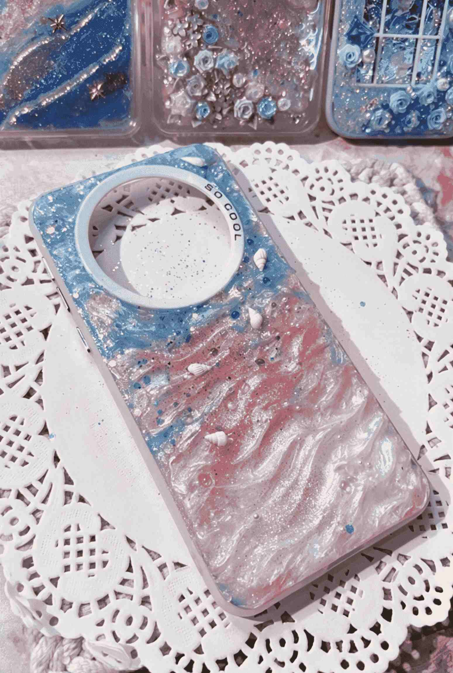 Handmade Ocean Resin Phone Case, Pink Blue Gradient Glitter Wave with 3D Seashell, Shockproof TPU Cover Compatible with Huawei Mate Series