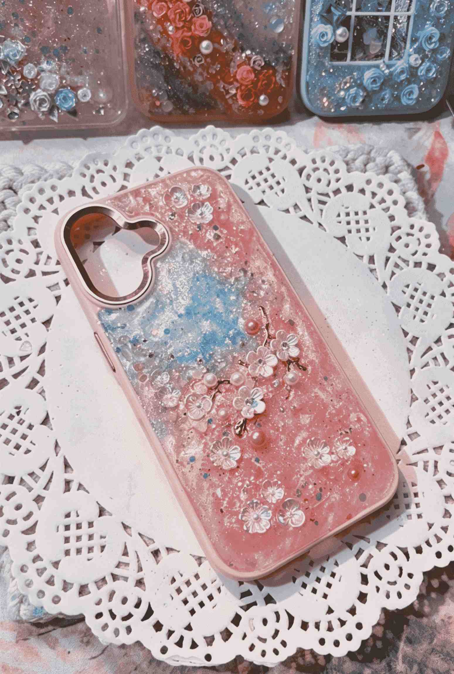 Handmade Epoxy Resin Phone Case with 3D Butterfly & Rose Flowers - Pink Blue Ombre Glitter Shockproof TPU Cover Compatible with iPhone Series