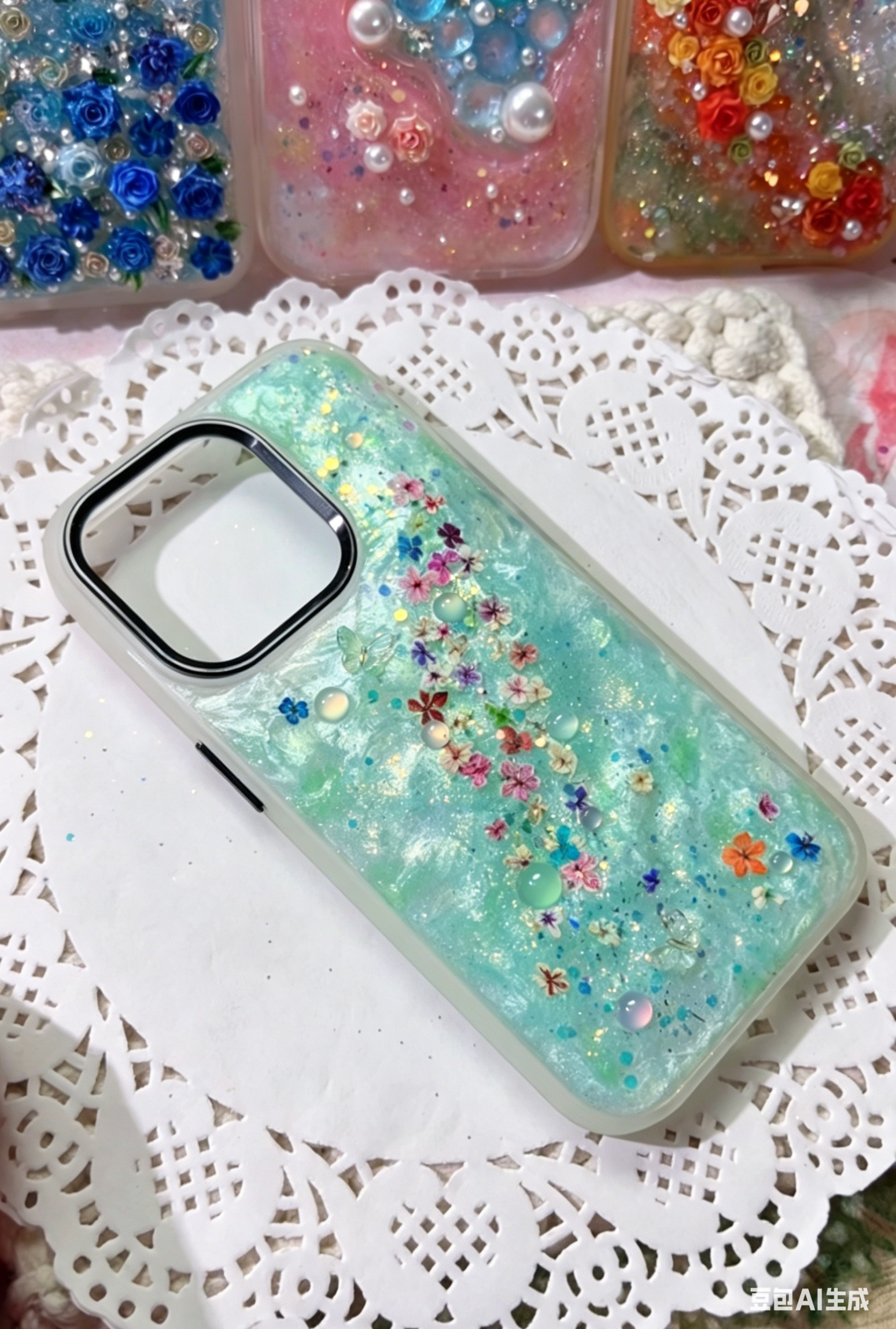Handmade Mint Green Resin Phone Case with Tiny Colorful Flowers & Glitter, Shockproof TPU Cover Compatible with iPhone Series