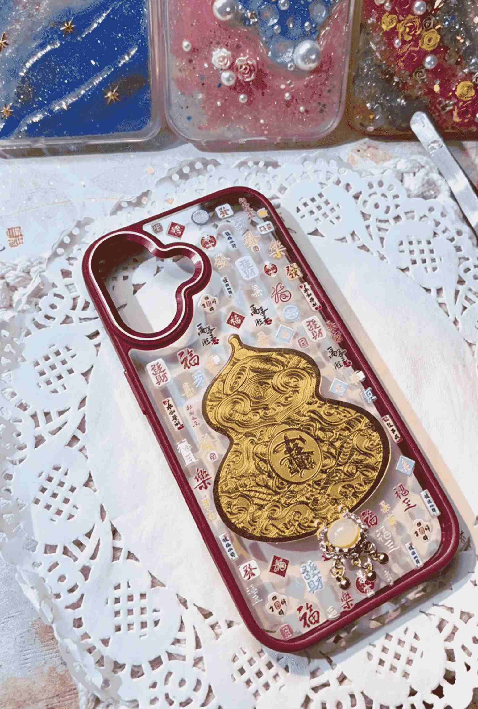 Handmade Fortune Gourd Resin Phone Case - Chinese Lucky Character & "Get Rich" Design, Shockproof TPU Cover Compatible with iPhone Series