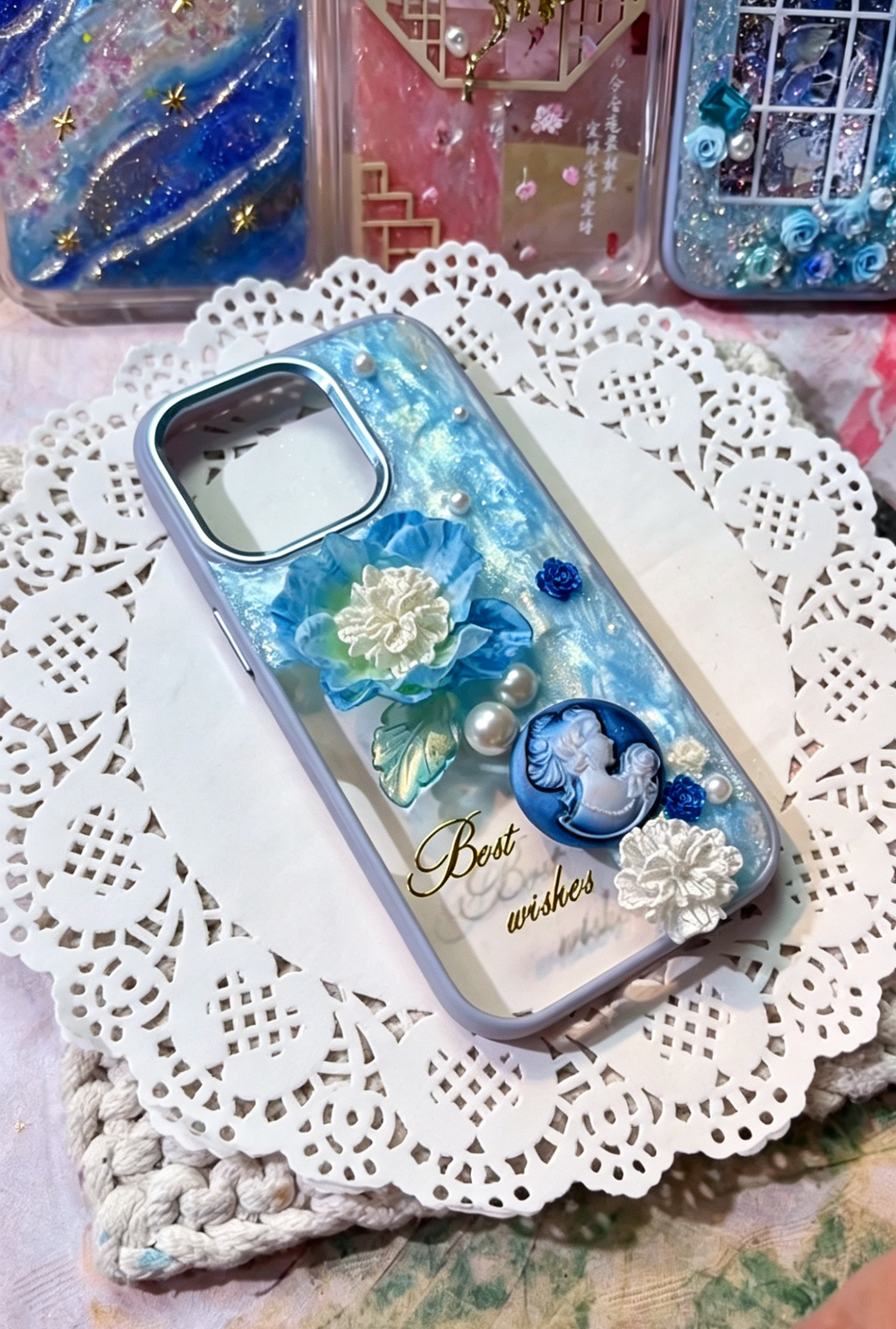 Handmade Blue Floral Resin Phone Case with Cameo & "Best Wishes" Lettering, Shockproof TPU Cover Compatible with iPhone Series