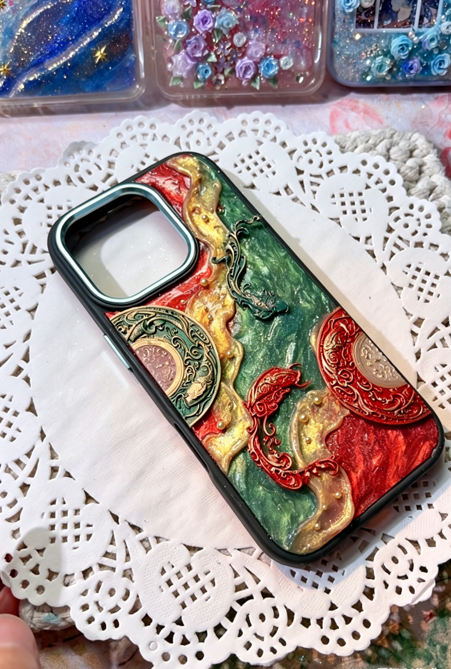 3D Embossed Dragon & Phoenix Resin Phone Case, Chinese Ancient Totem with Red-Green-Gold Watercolor, Slim Shockproof Case for iPhone