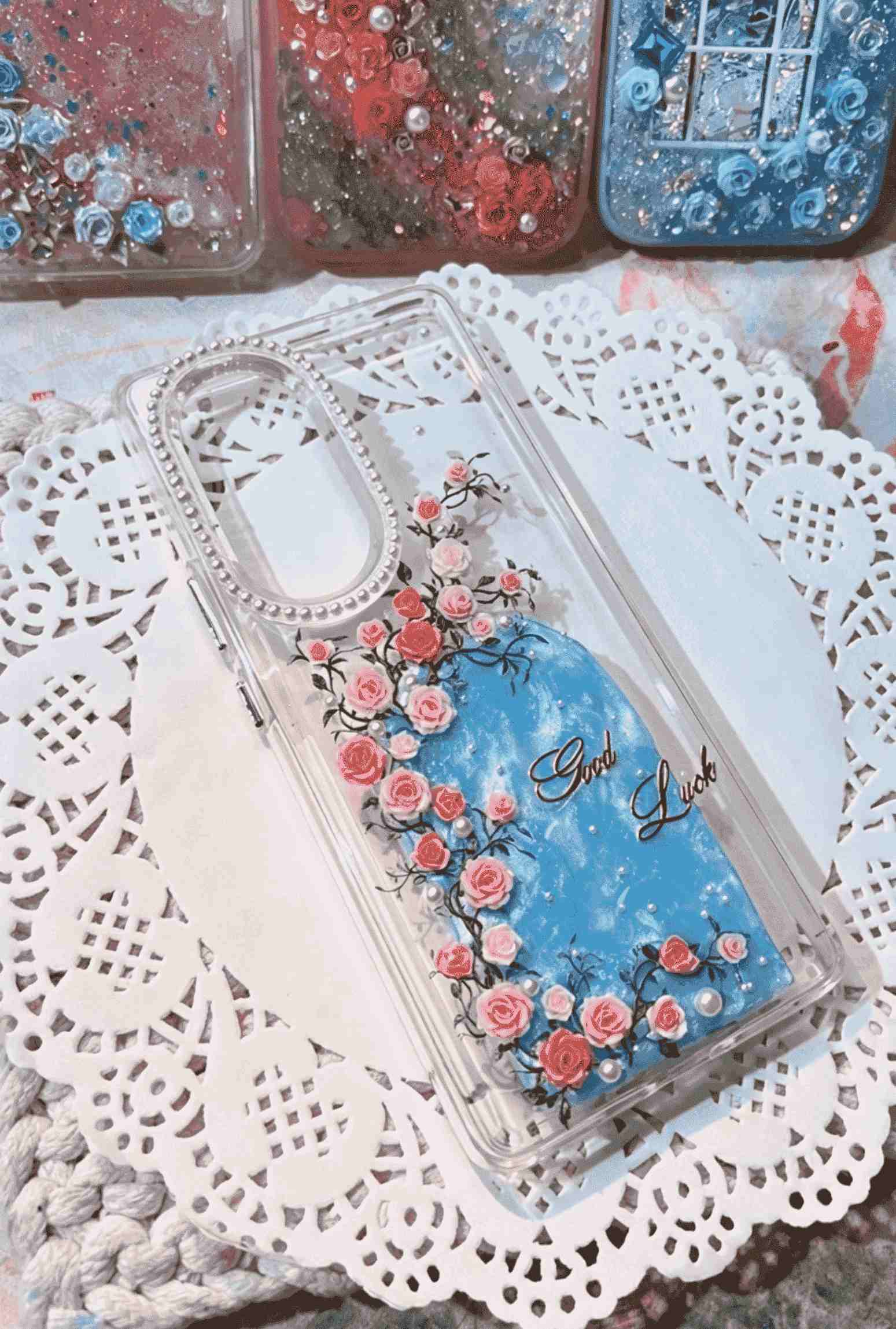Aesthetic Good Luck Resin Case - Handcrafted Blue Marble with Pink Rose Vines & Pearl Bezel, Anti-Scratch Protective Cover for Smartphones/ iPhone Series