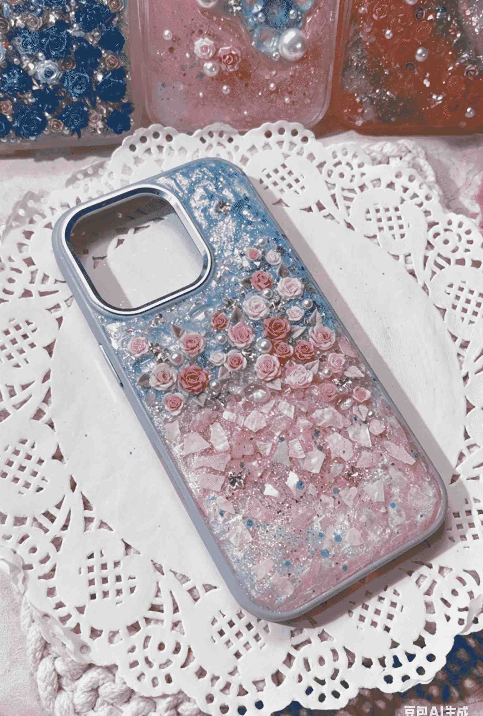 Handmade Resin Phone Case with Blue-Pink Ombre Glitter & 3D Roses, Shockproof TPU Cover Compatible with iPhone Series