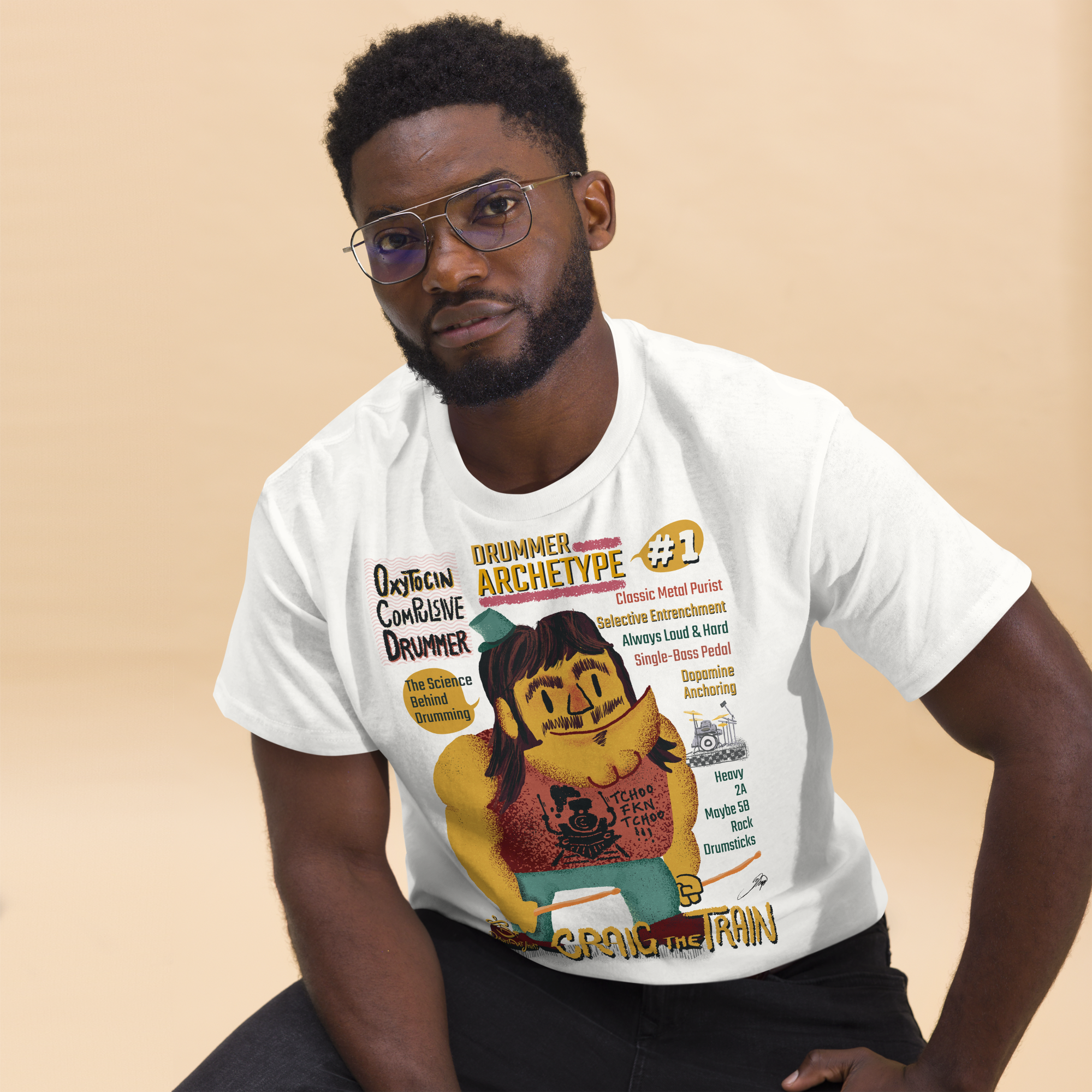White Unisex classic tee - Craig the Train - Drummer Archetype #1