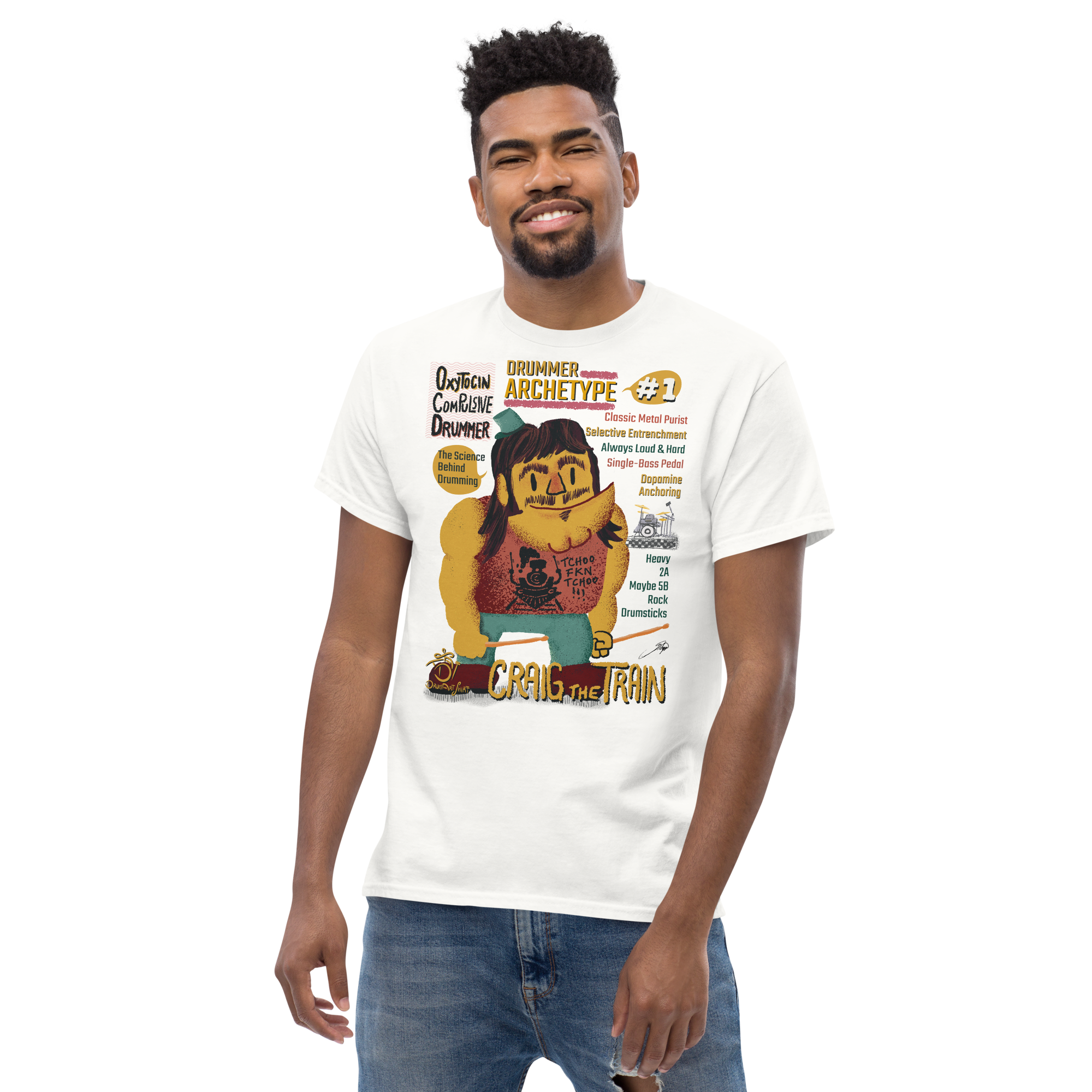 White Unisex classic tee - Craig the Train - Drummer Archetype #1