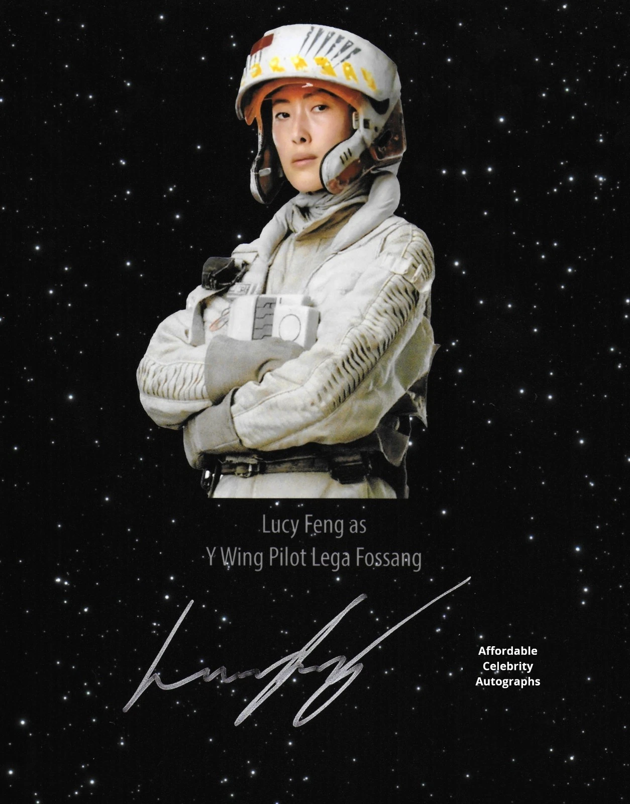 LUCY FENG in STAR WARS as Y Wing Pilot Lega Fossang. In Pers. COA. 10"x8"