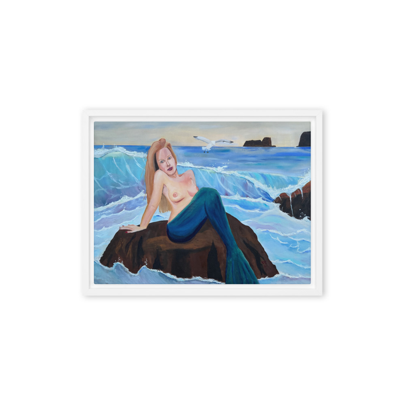 Mermaid Working on Her Tan 12"x16" Framed canvas