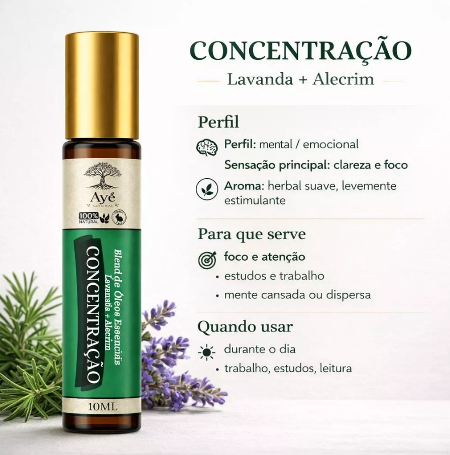 Blend Roll-On Concentração Lavanda + Alecrim Foco e Clareza Mental