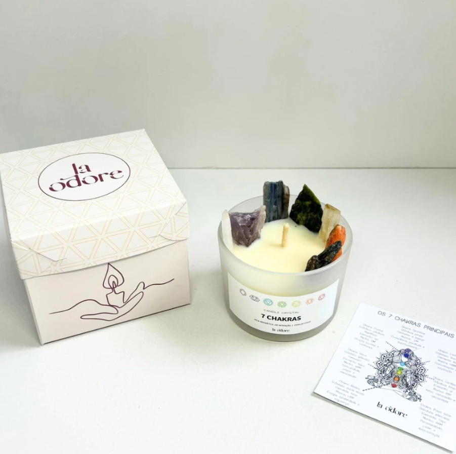 Vela 7 Chakras Aromática c/ Cristal pedra Bruta