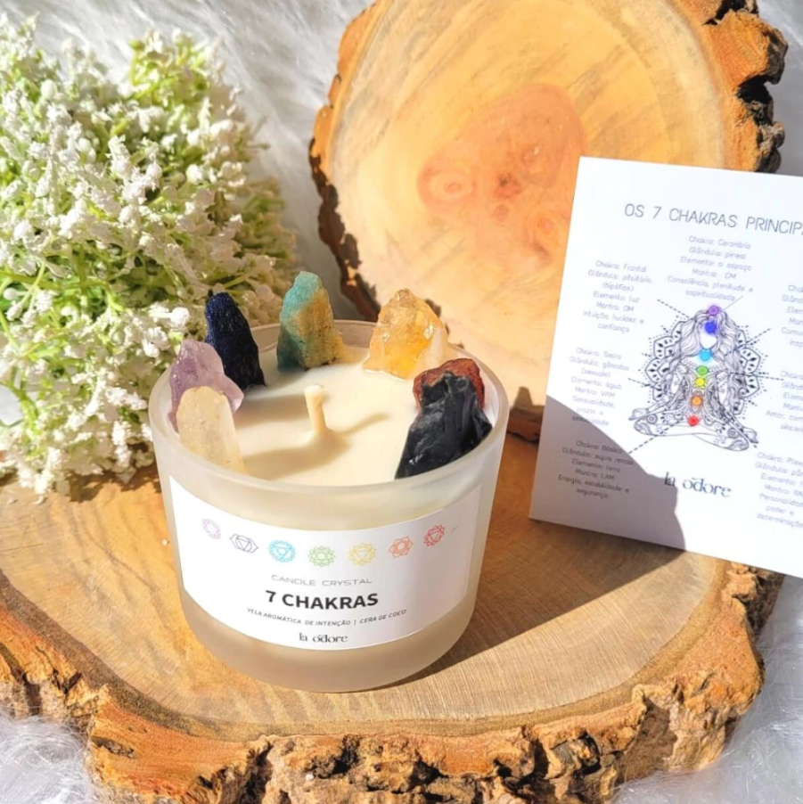 Vela 7 Chakras Aromática c/ Cristal pedra Bruta