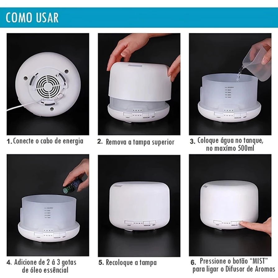 Difusor 500ml Ultrassônico com Led 7 cores com controle