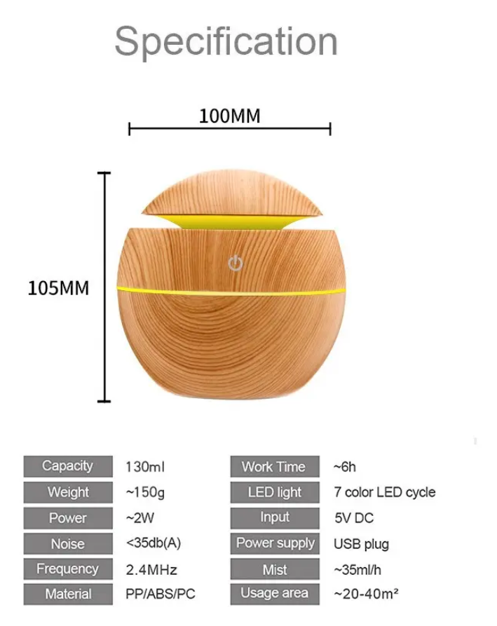 Difusor Umidificador Aromático USB Madeira 130ml Led