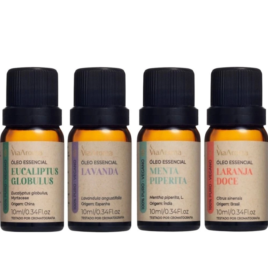Kit 4 Óleos Essenciais Eucaliptus Laranja Lavanda e Menta Piperita