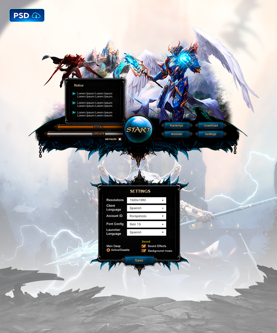Dark Wizard Angel Blue Launcher UI PSD Template