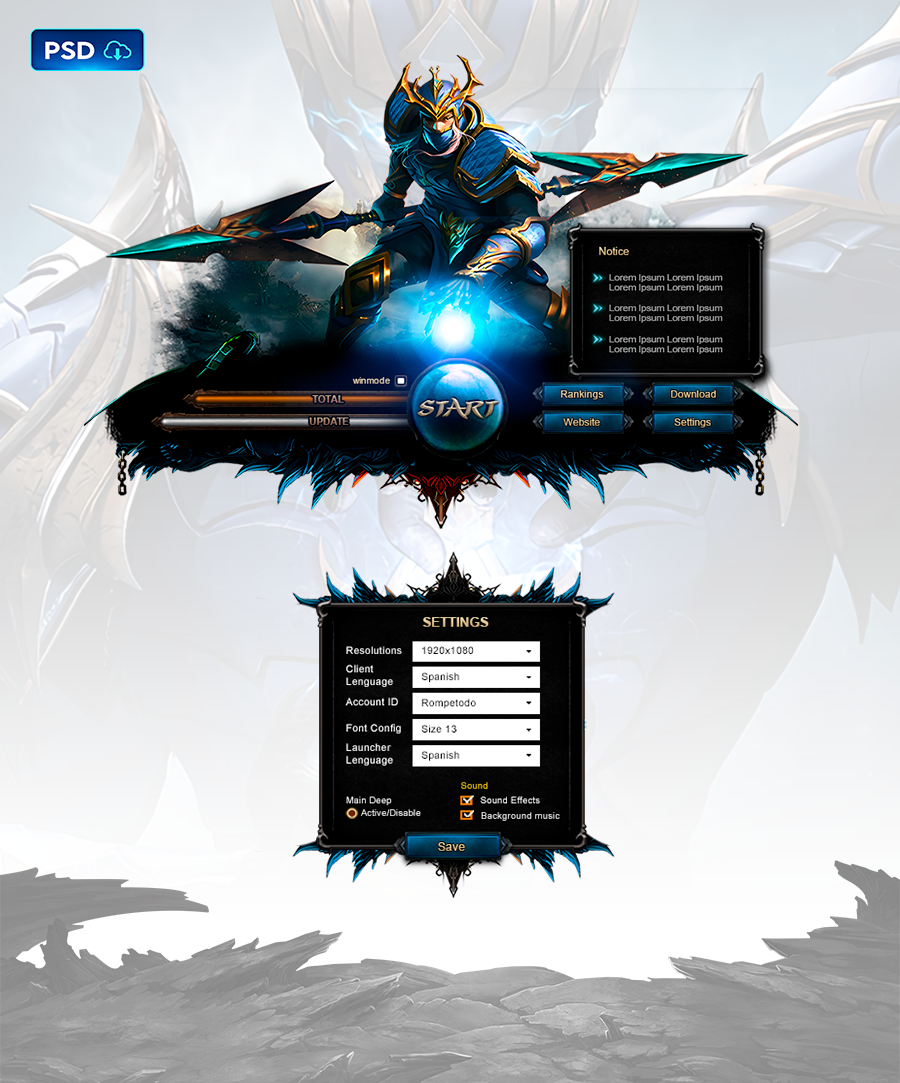 Dark Wizard Power Blue Launcher UI PSD Template