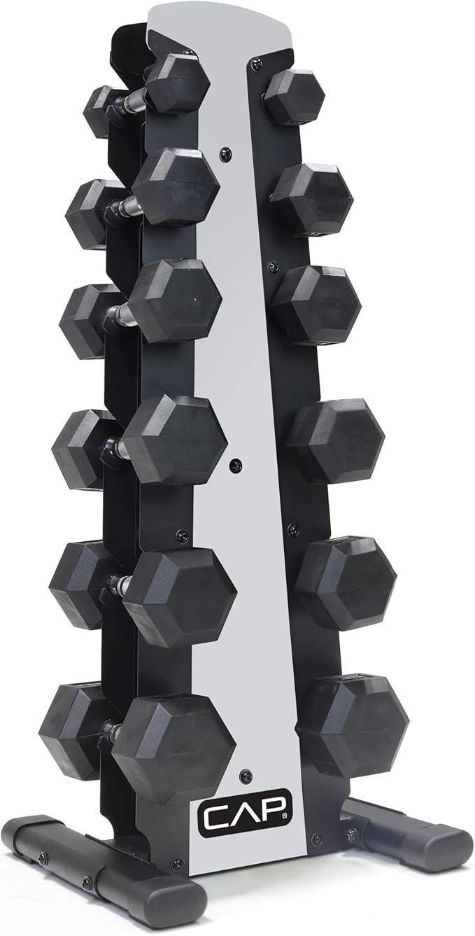 CAP Barbell Rubber Coated Dumbbell Weight Set with Vertical Rack | 100 lb, 150 lb, and 210 lb Options