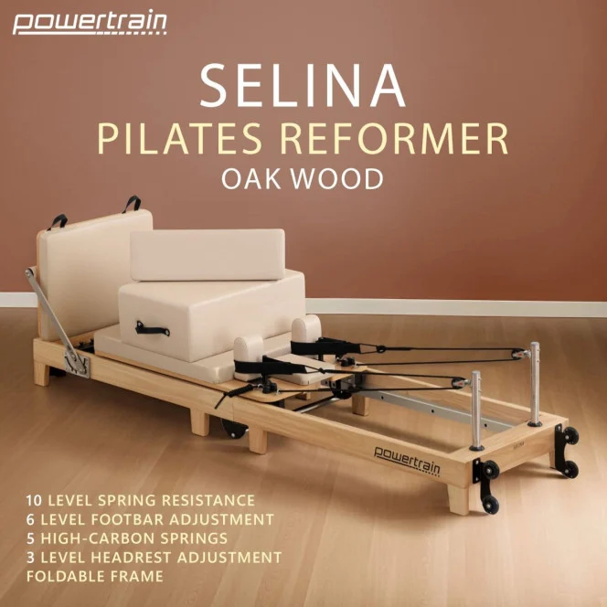 Powertrain Selina Pilates Reformer Machine Wooden Folding Multifunctional Home Gym Equipment with Jumpboard & Sitting Box Oak Beige 