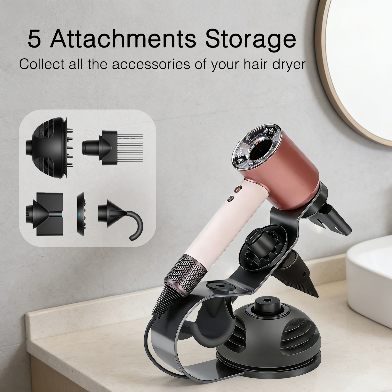 Lasvea Hair Dryer Holder compatible with Dyson Supersonic Nural Hair Dryer,Pure Cast Iron Magnetic Stand Holder with Power Plug Cable Organizer