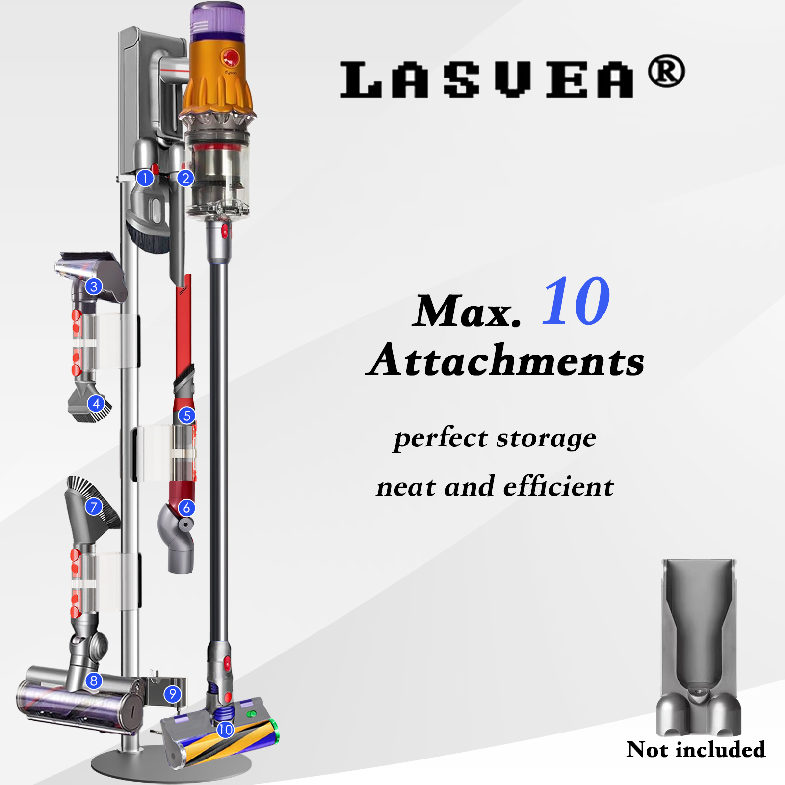 Lasvea Height-Adjustable Vacuum Stand for Dyson V7 V8 V9 V10 V11 V15 Gen5,Stainless Steel Holder with 4 Clips & 9 Accessory Storage,Tool-Free Assembly