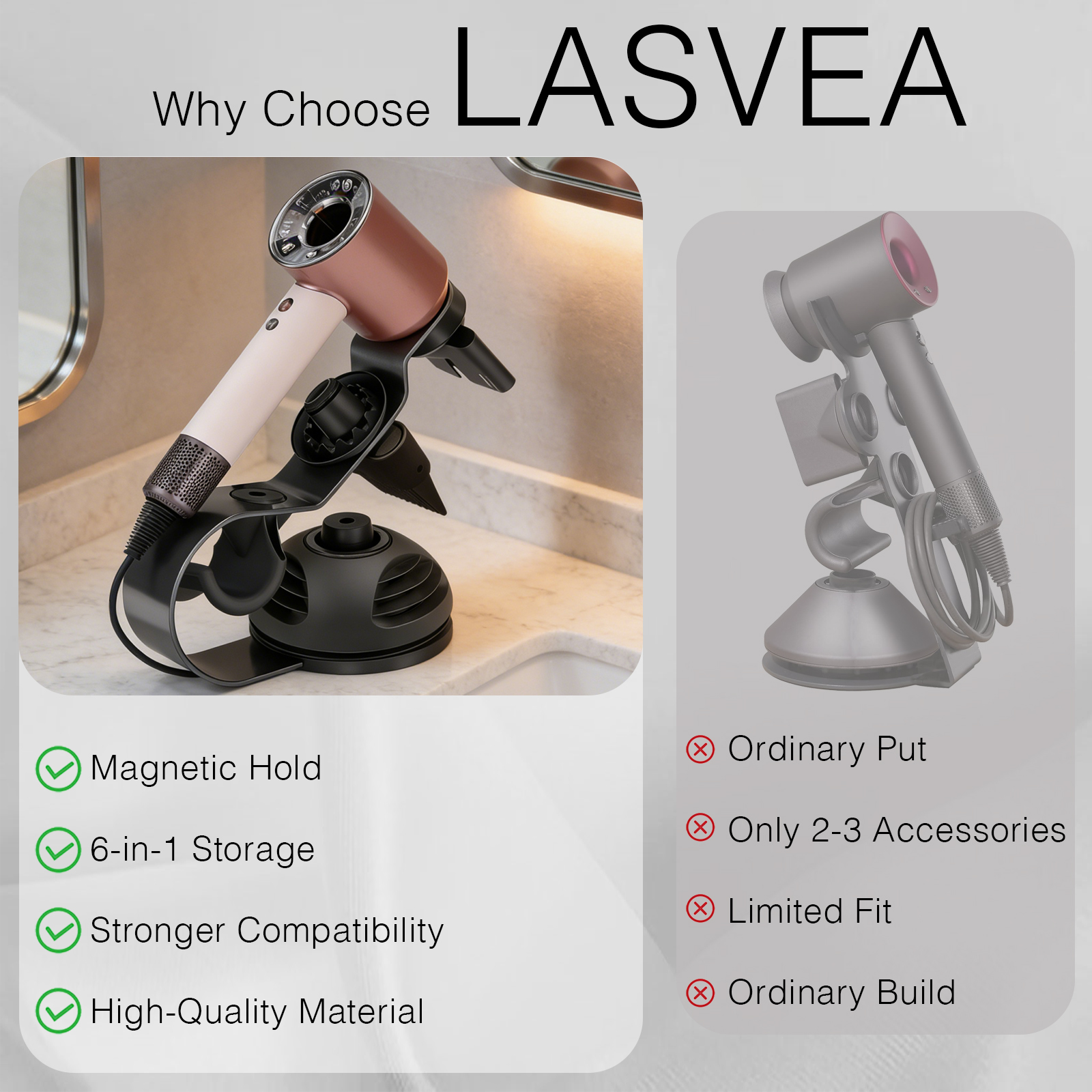 Lasvea Hair Dryer Holder compatible with Dyson Supersonic Nural Hair Dryer,Pure Cast Iron Magnetic Stand Holder with Power Plug Cable Organizer