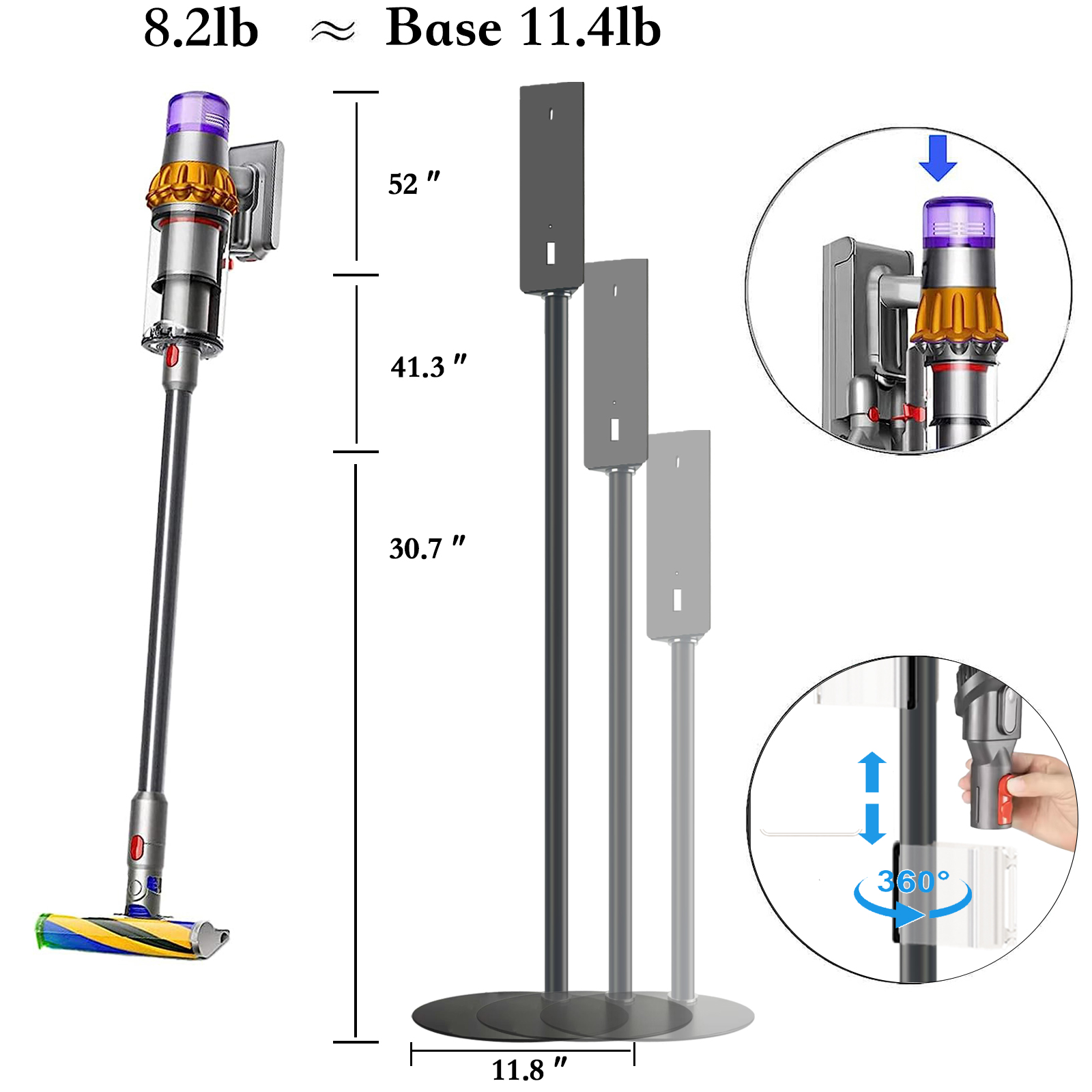 Lasvea Height-Adjustment Vacuum Stand for V7/V8/V9/V10/V11/V12/V15/Gen5,Pure Metal Storage Holder with 4 Secure Clips &Max 9 Accessories