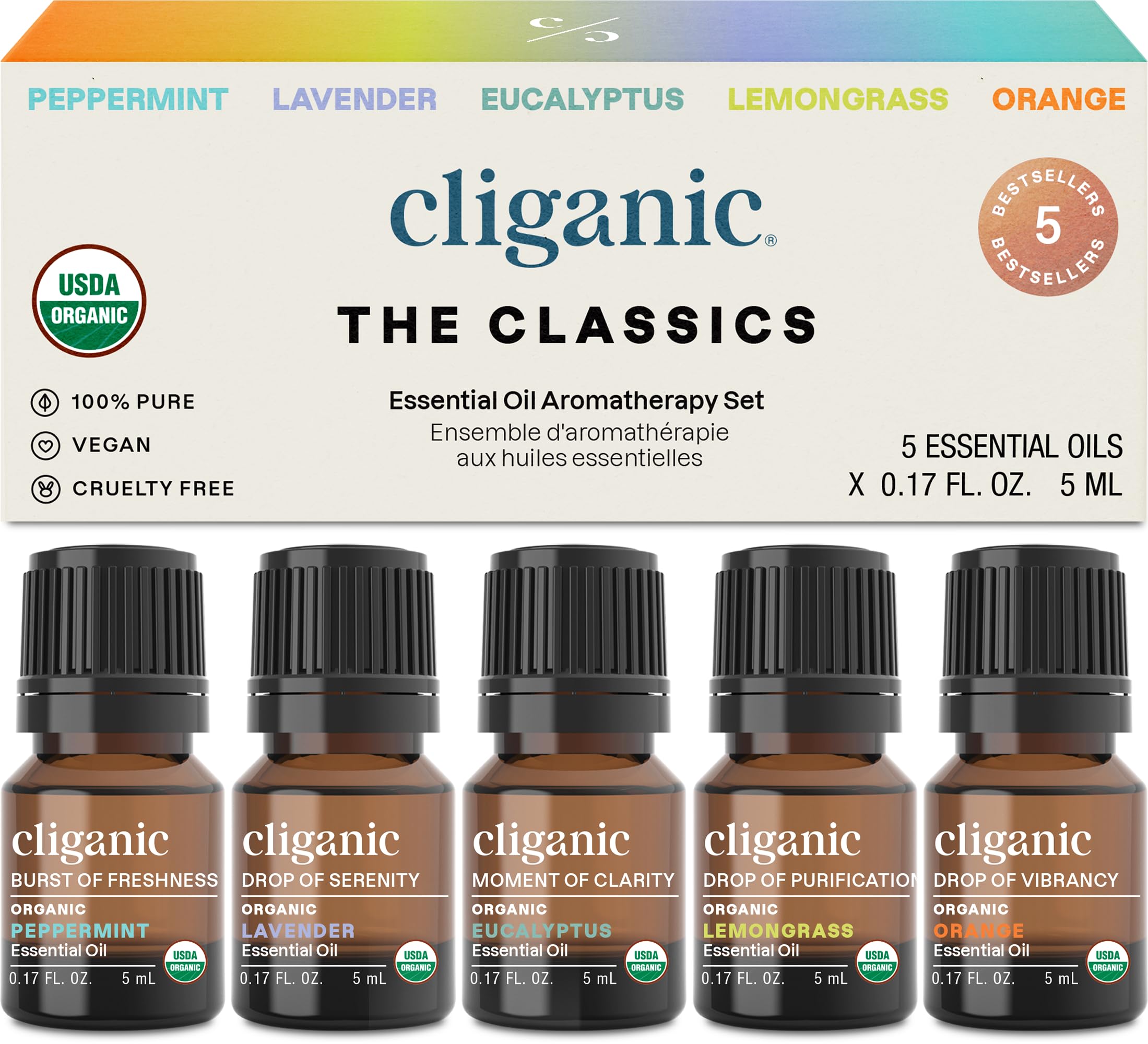 Cliganic Organic Essential Oils Set (Top 5) - Certified Purity
