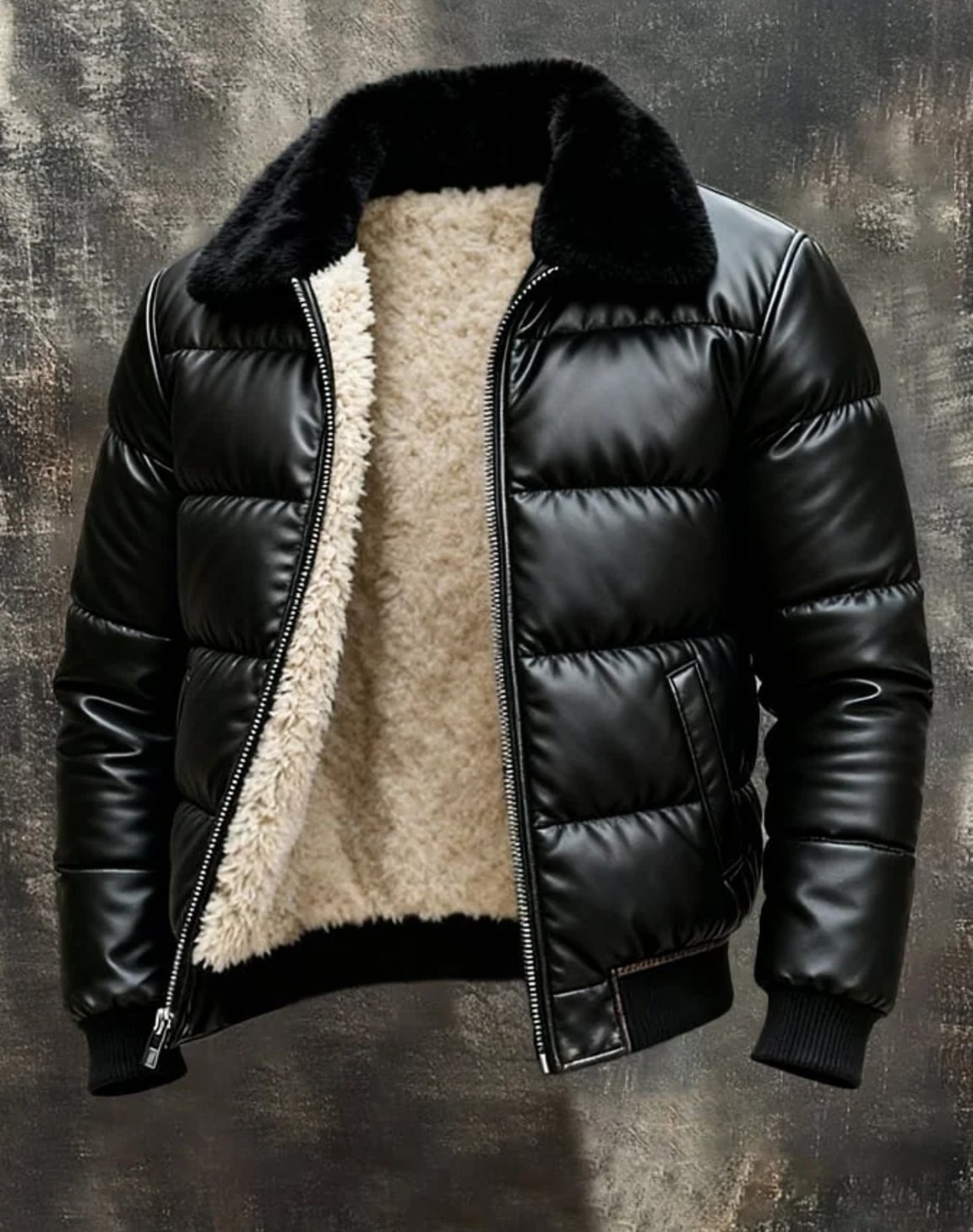 Black Faux Leather Puffer Jacket