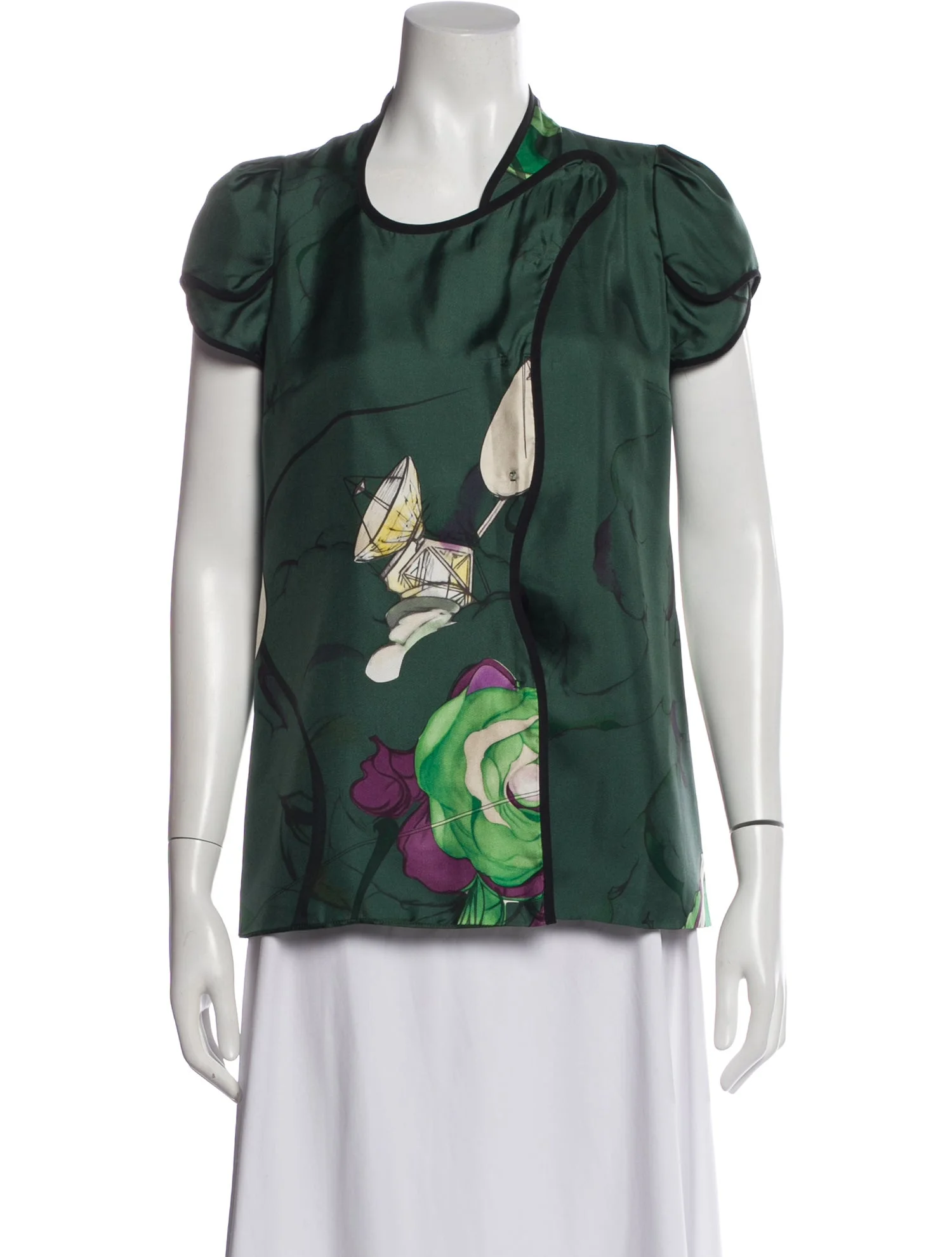 Green Floral Silk Blouse