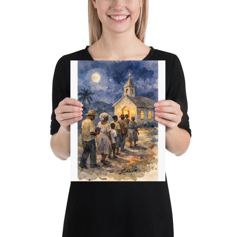 Moonlit Church Gathering Art Print
