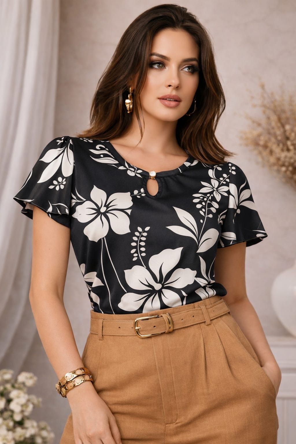 Blusa Feminina Estampada em Crepe – Manga Curta com Detalhe no Decote | Diversas Cores e Estampas