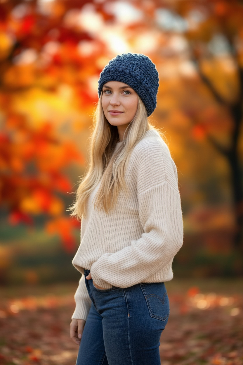 Blue Slouchy Crochet Beanie Hat | Textured Acrylic Knit Look, Cozy Fall Winter Wear
