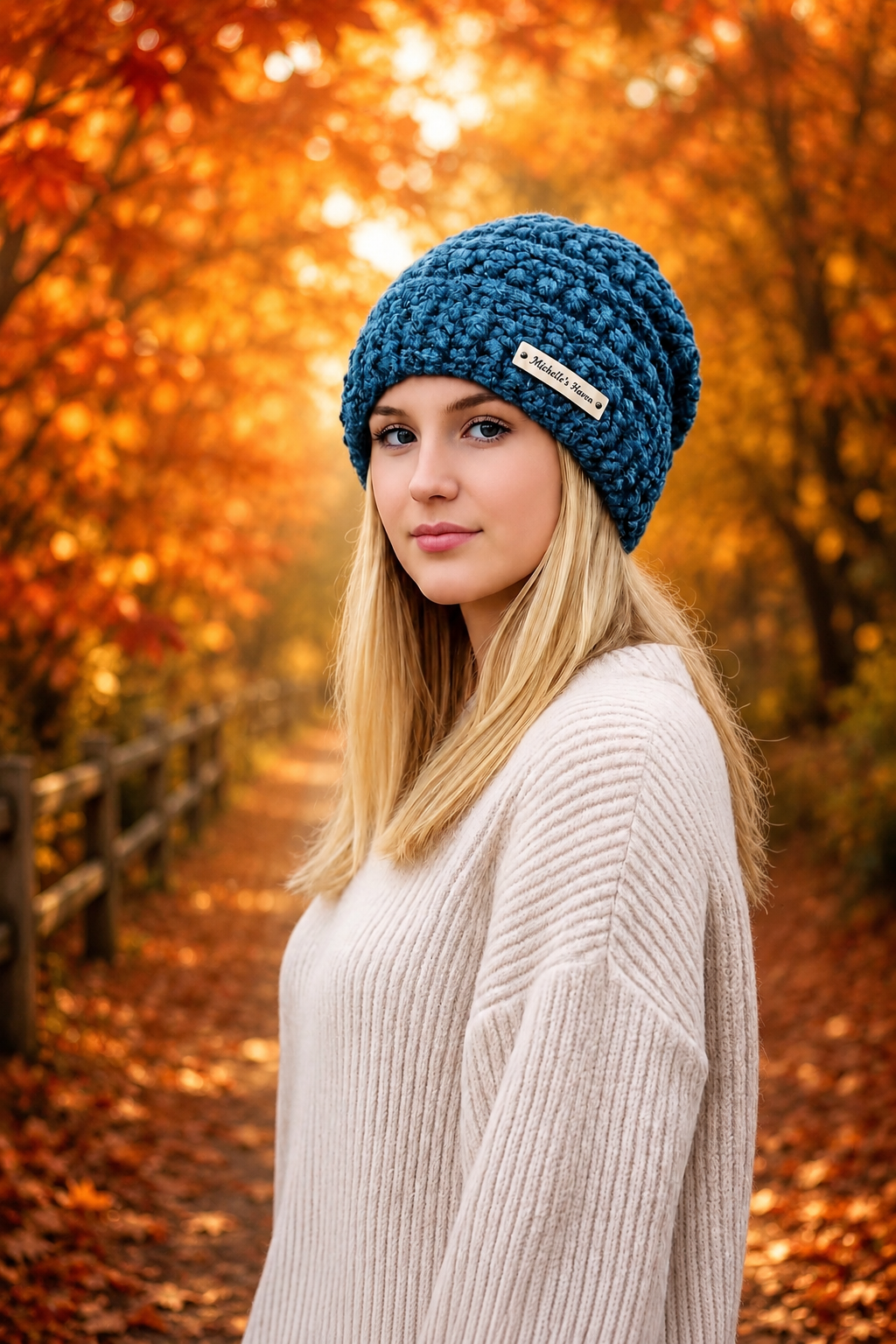Blue Slouchy Crochet Beanie Hat | Textured Acrylic Knit Look, Cozy Fall Winter Wear